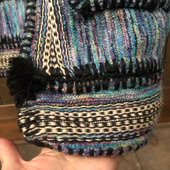 90s Hippie Baja Woven Hoodie , Open Front Sweater , Pointed Hood - Picture 6 of 9